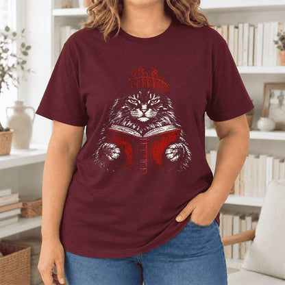 Serious Maine Coon Cat Reading Red Book Ultra-Soft Cotton T-Shirt | Reader Gift Maroon