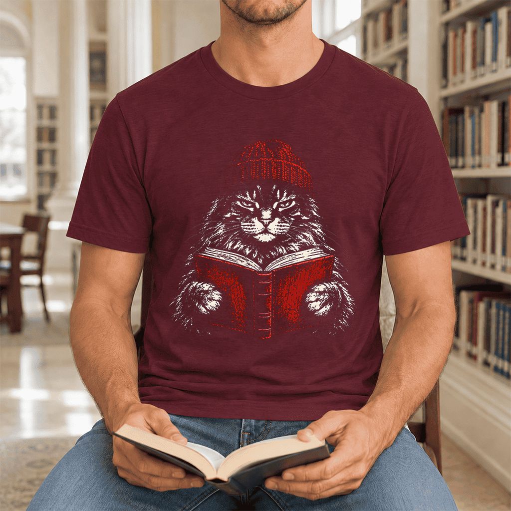 Serious Maine Coon Cat Reading Red Book Ultra-Soft Cotton T-Shirt | Reader Gift Maroon