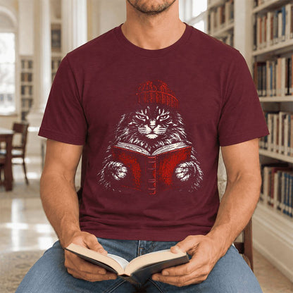 Serious Maine Coon Cat Reading Red Book Ultra-Soft Cotton T-Shirt | Reader Gift Maroon