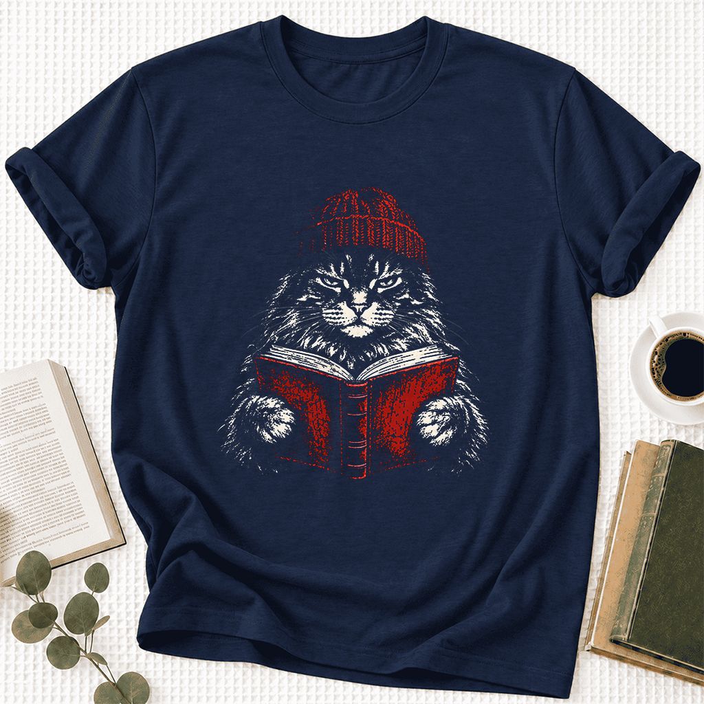 Serious Maine Coon Cat Reading Red Book Ultra-Soft Cotton T-Shirt | Reader Gift Navy