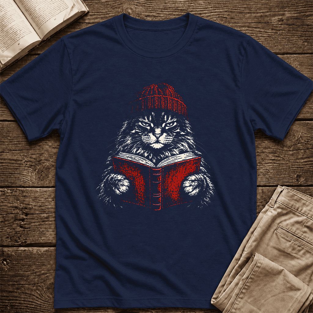 Serious Maine Coon Cat Reading Red Book Ultra-Soft Cotton T-Shirt | Reader Gift Navy