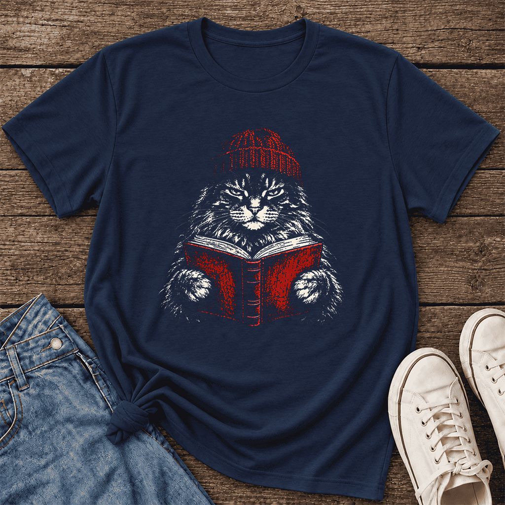 Serious Maine Coon Cat Reading Red Book Ultra-Soft Cotton T-Shirt | Reader Gift Navy