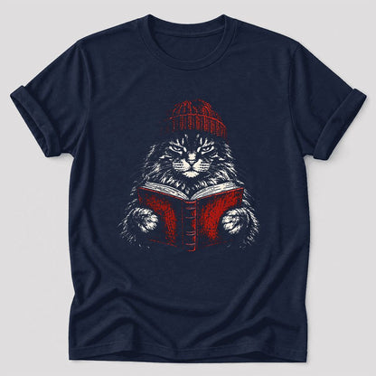 Serious Maine Coon Cat Reading Red Book Ultra-Soft Cotton T-Shirt | Reader Gift Navy