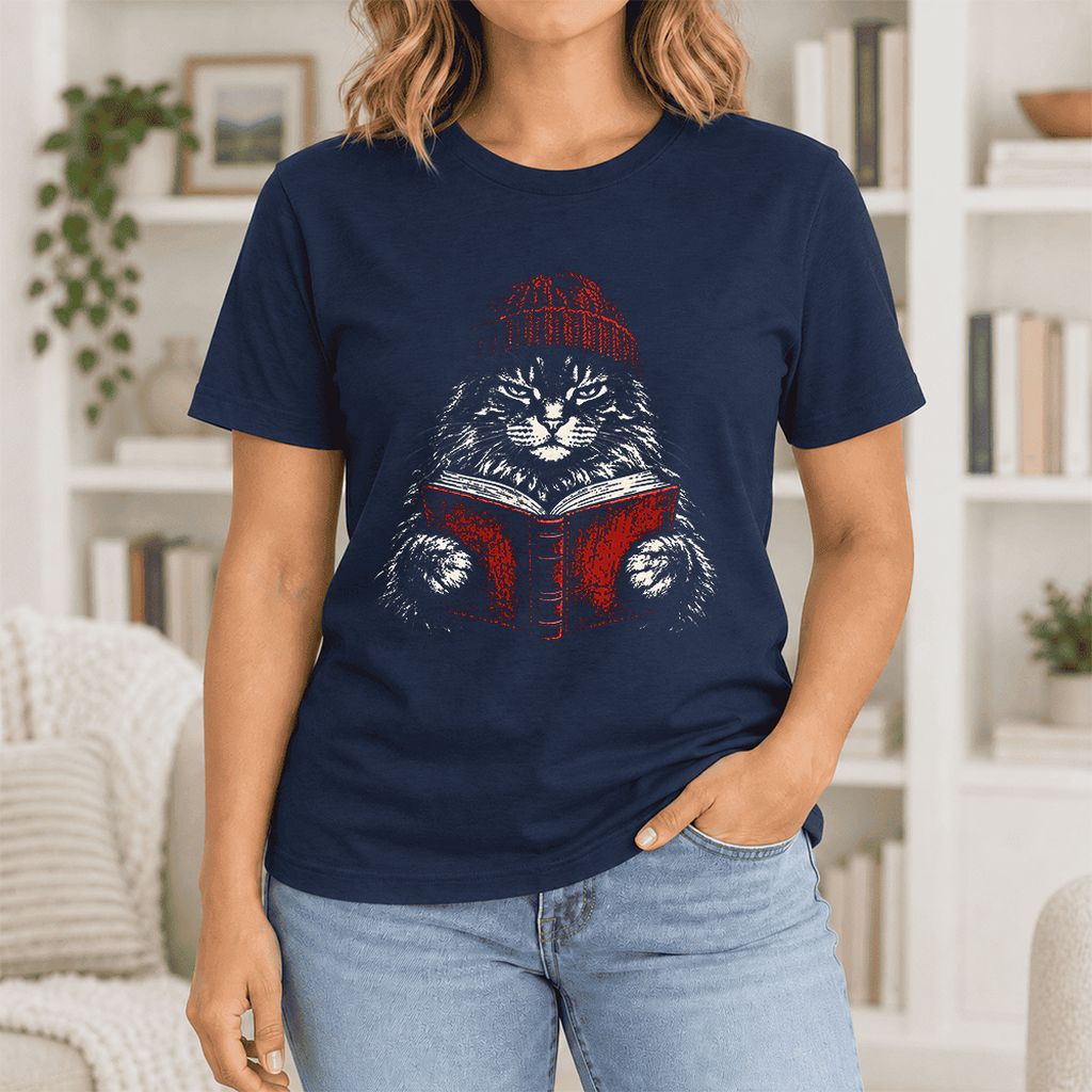 Serious Maine Coon Cat Reading Red Book Ultra-Soft Cotton T-Shirt | Reader Gift Navy