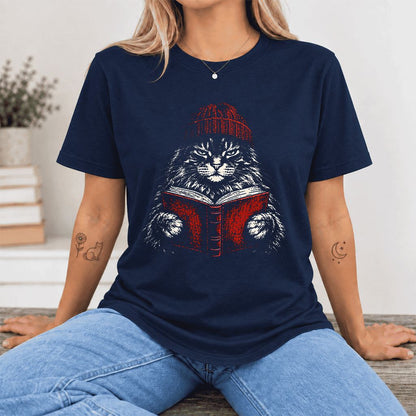 Serious Maine Coon Cat Reading Red Book Ultra-Soft Cotton T-Shirt | Reader Gift Navy