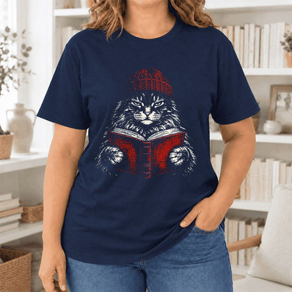Serious Maine Coon Cat Reading Red Book Ultra-Soft Cotton T-Shirt | Reader Gift Navy