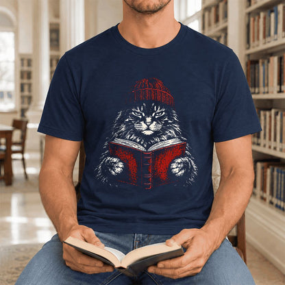 Serious Maine Coon Cat Reading Red Book Ultra-Soft Cotton T-Shirt | Reader Gift Navy