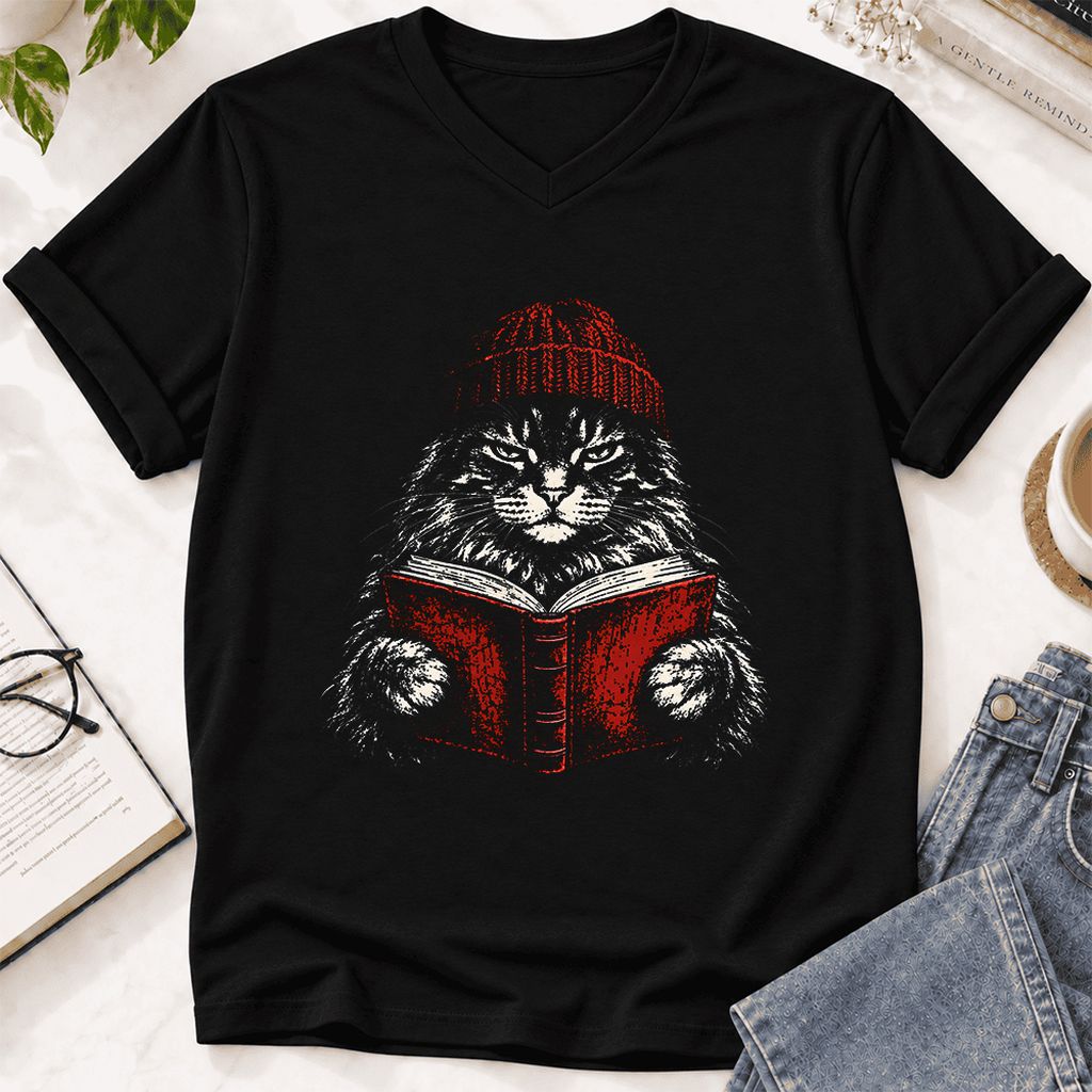 Maine Coon Cat Reading Ultra-Soft V-Neck | Cat Lover Reader Gift Black
