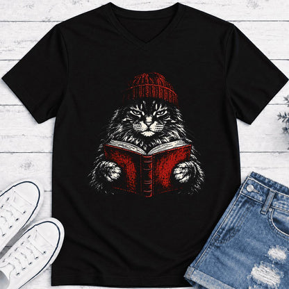 Maine Coon Cat Reading Ultra-Soft V-Neck | Cat Lover Reader Gift Black