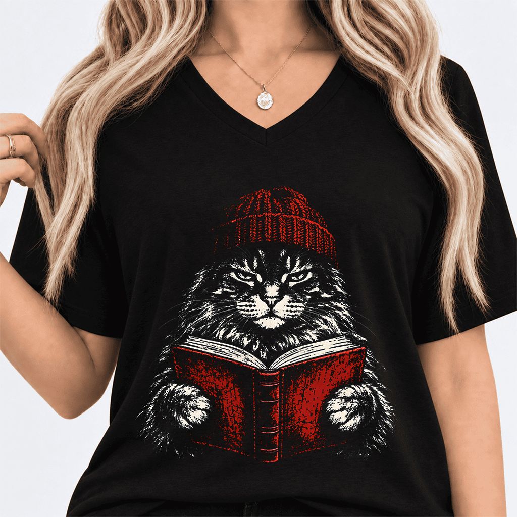 Maine Coon Cat Reading Ultra-Soft V-Neck | Cat Lover Reader Gift Black