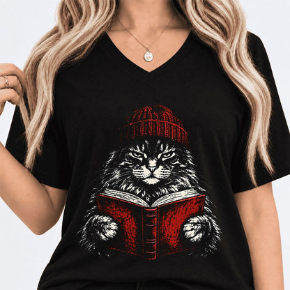 Maine Coon Cat Reading Ultra-Soft V-Neck | Cat Lover Reader Gift Black