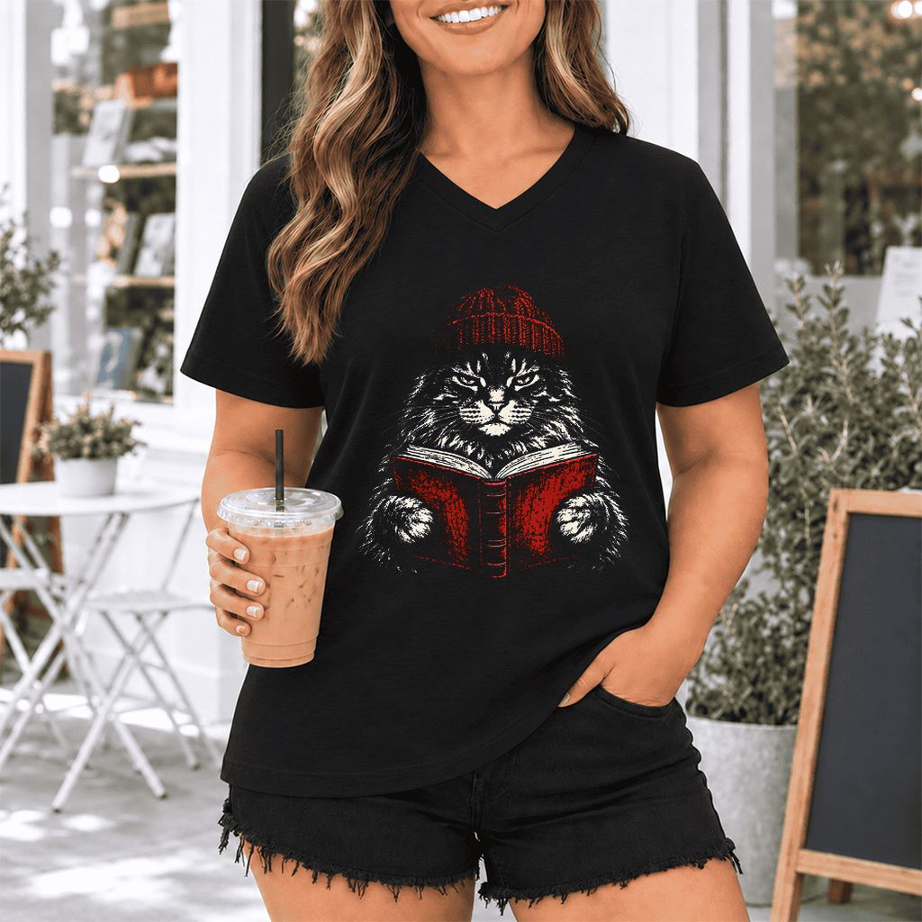 Maine Coon Cat Reading Ultra-Soft V-Neck | Cat Lover Reader Gift Black