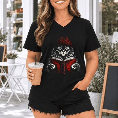 Maine Coon Cat Reading Ultra-Soft V-Neck | Cat Lover Reader Gift Black