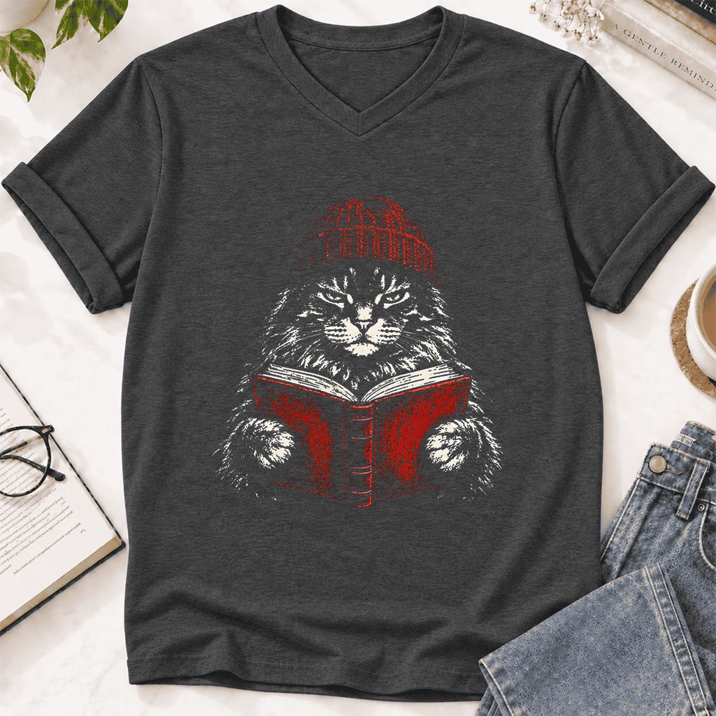 Maine Coon Cat Reading Ultra-Soft V-Neck | Cat Lover Reader Gift Dark Grey Heather