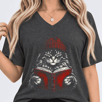 Maine Coon Cat Reading Ultra-Soft V-Neck | Cat Lover Reader Gift Dark Grey Heather