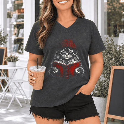 Maine Coon Cat Reading Ultra-Soft V-Neck | Cat Lover Reader Gift Dark Grey Heather