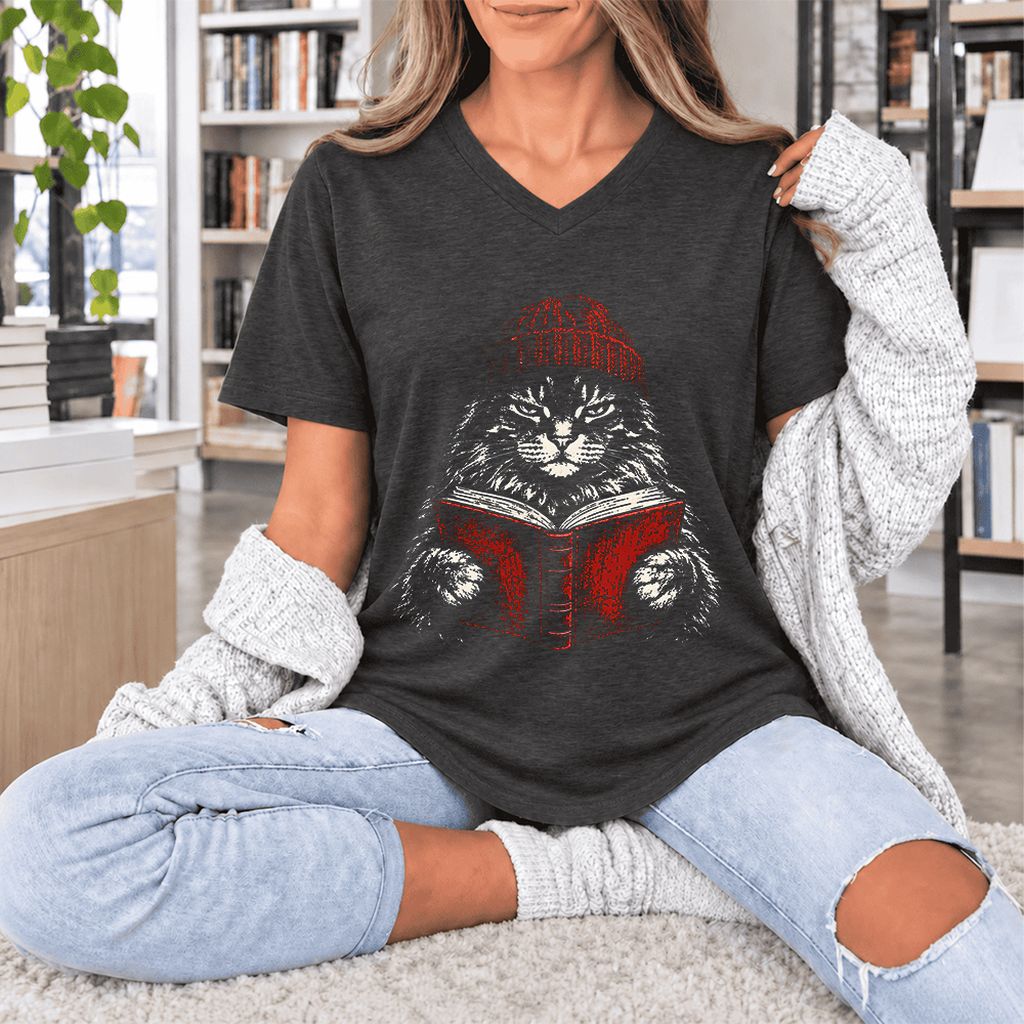 Maine Coon Cat Reading Ultra-Soft V-Neck | Cat Lover Reader Gift Dark Grey Heather