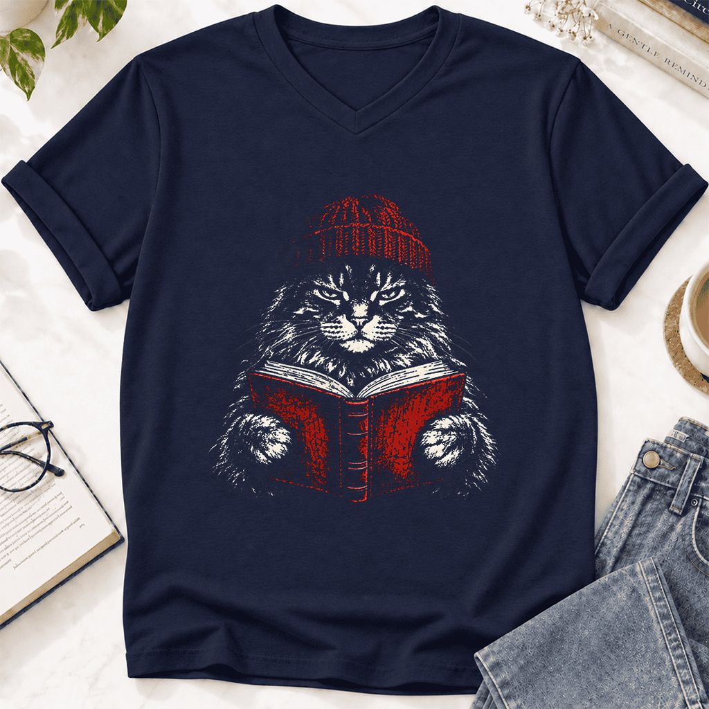 Maine Coon Cat Reading Ultra-Soft V-Neck | Cat Lover Reader Gift Navy