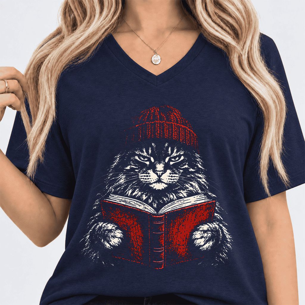 Maine Coon Cat Reading Ultra-Soft V-Neck | Cat Lover Reader Gift Navy