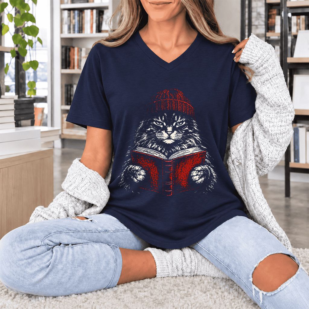 Maine Coon Cat Reading Ultra-Soft V-Neck | Cat Lover Reader Gift Navy
