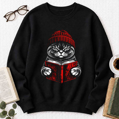 British Shorthair Cat Reading Printed Sweatshirt | Cat Lover Reader Gift Black