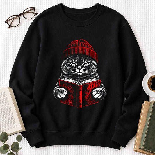 British Shorthair Cat Reading Crewneck Sweatshirt | Cat Lover Reader Gift Black