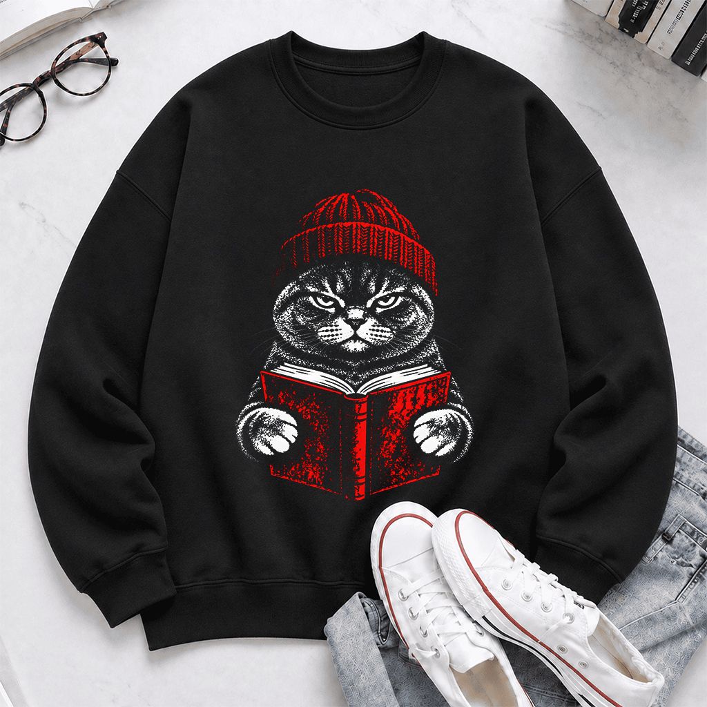 British Shorthair Cat Reading Printed Sweatshirt | Cat Lover Reader Gift Black