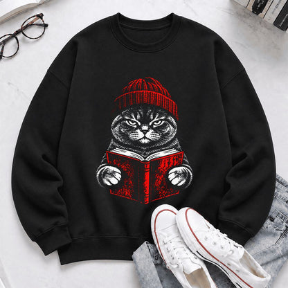 British Shorthair Cat Reading Printed Sweatshirt | Cat Lover Reader Gift Black
