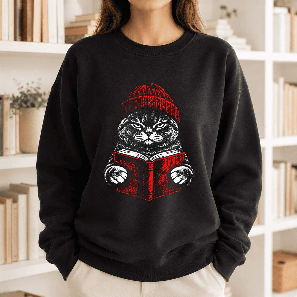 British Shorthair Cat Reading Printed Sweatshirt | Cat Lover Reader Gift Black