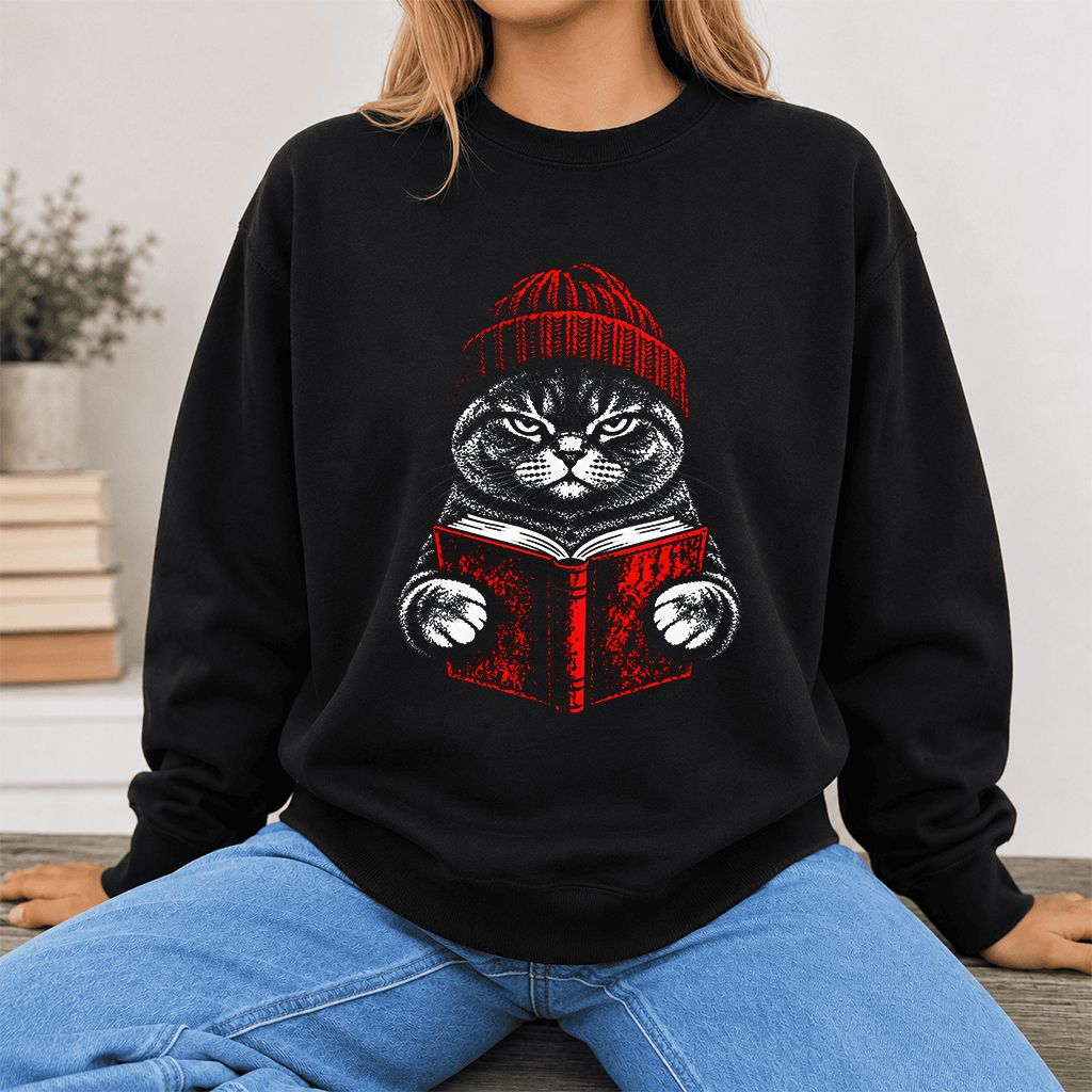 British Shorthair Cat Reading Printed Sweatshirt | Cat Lover Reader Gift Black