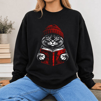 British Shorthair Cat Reading Printed Sweatshirt | Cat Lover Reader Gift Black