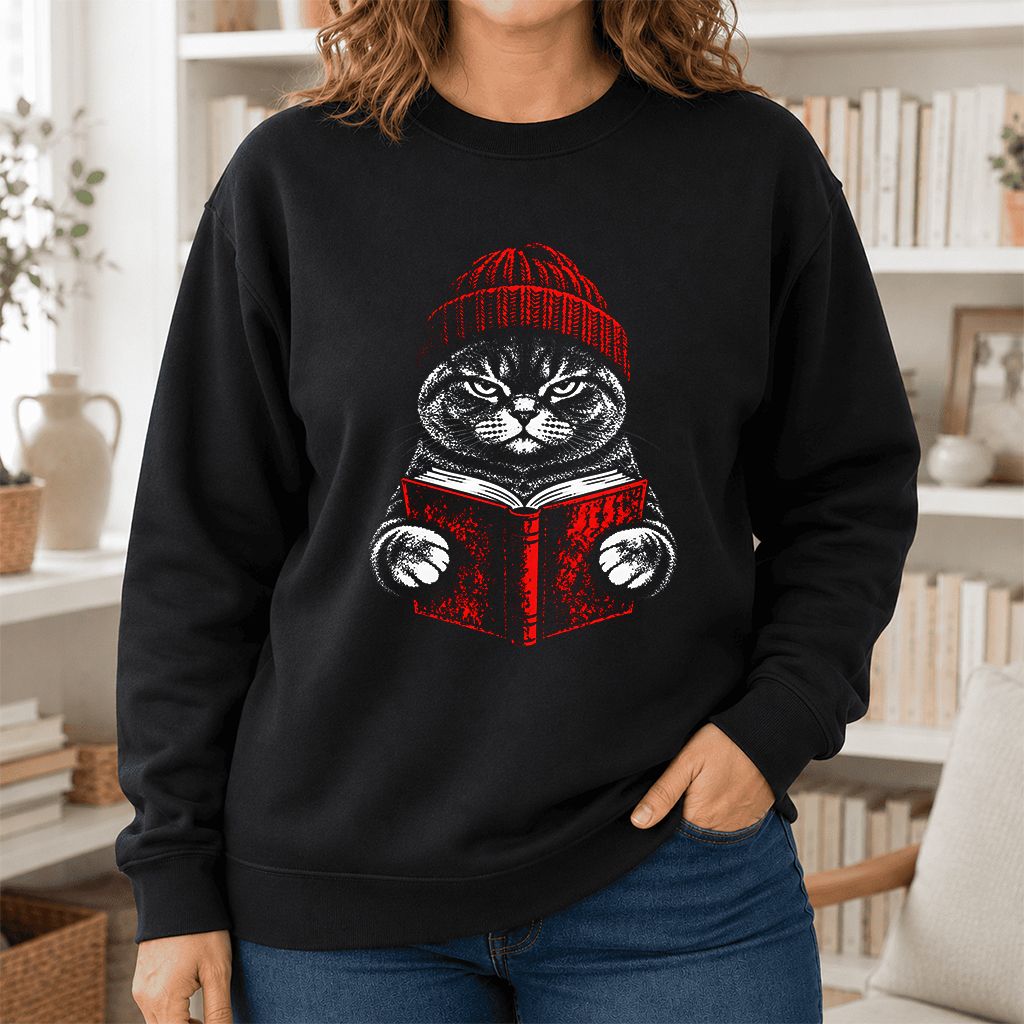 British Shorthair Cat Reading Printed Sweatshirt | Cat Lover Reader Gift Black