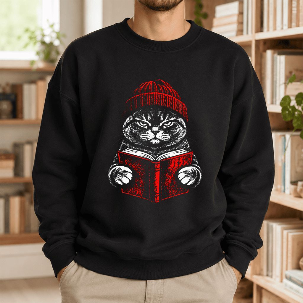 British Shorthair Cat Reading Printed Sweatshirt | Cat Lover Reader Gift Black