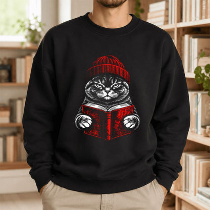 British Shorthair Cat Reading Printed Sweatshirt | Cat Lover Reader Gift Black