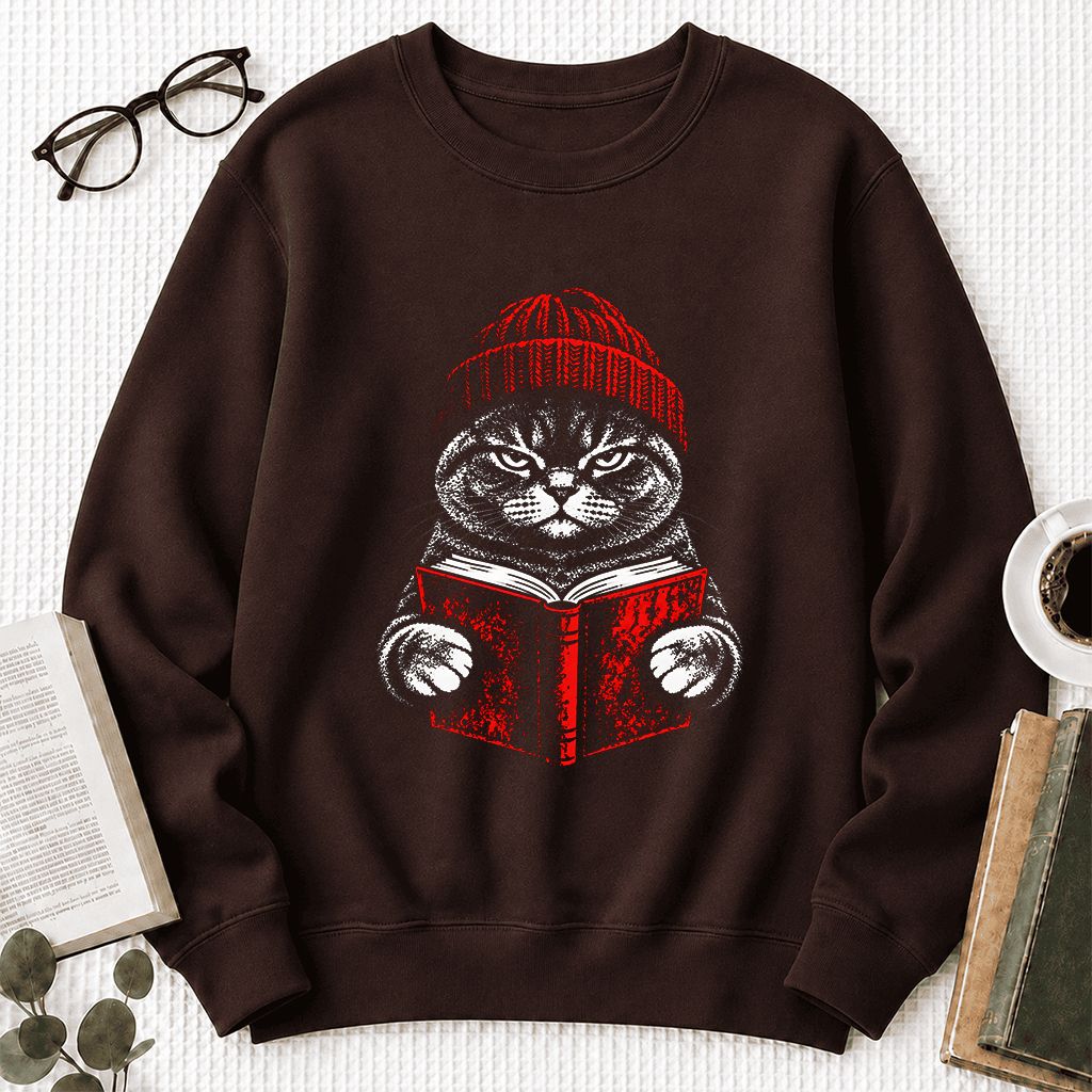 British Shorthair Cat Reading Printed Sweatshirt | Cat Lover Reader Gift Dark Chocolate
