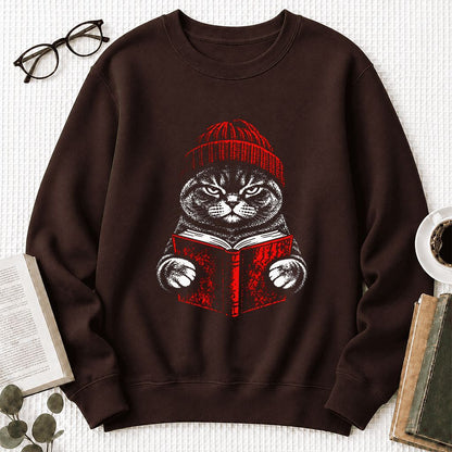 British Shorthair Cat Reading Printed Sweatshirt | Cat Lover Reader Gift Dark Chocolate