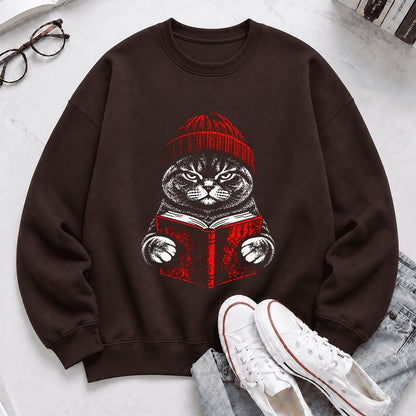 British Shorthair Cat Reading Printed Sweatshirt | Cat Lover Reader Gift Dark Chocolate