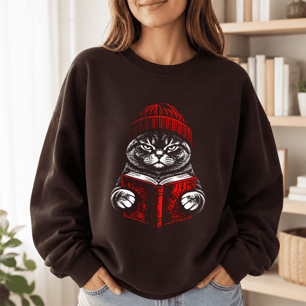 British Shorthair Cat Reading Printed Sweatshirt | Cat Lover Reader Gift Dark Chocolate