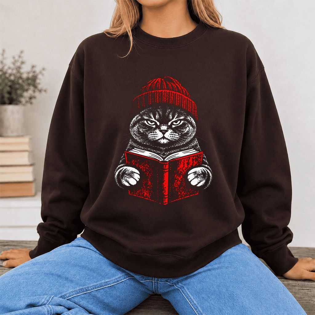 British Shorthair Cat Reading Printed Sweatshirt | Cat Lover Reader Gift Dark Chocolate