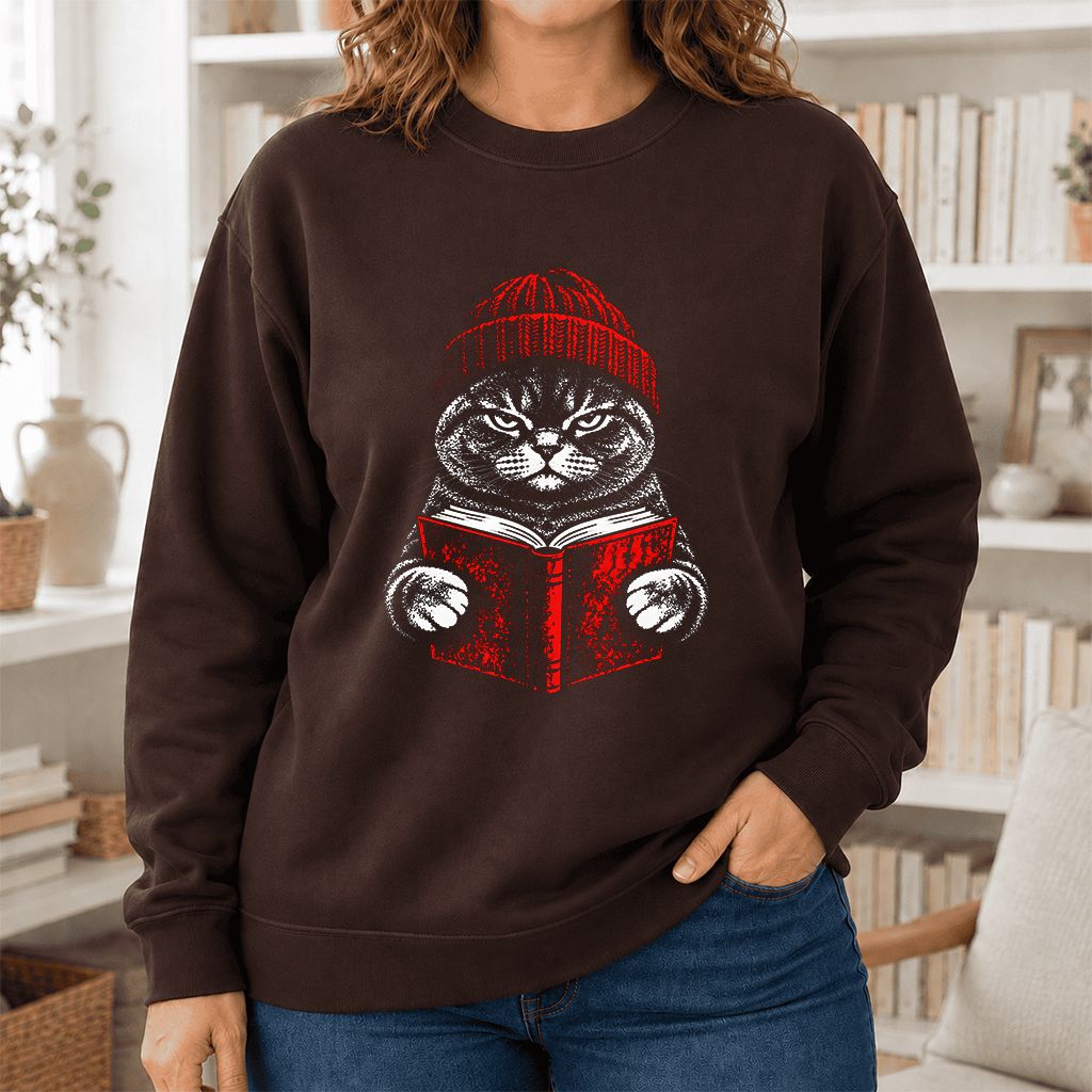 British Shorthair Cat Reading Printed Sweatshirt | Cat Lover Reader Gift Dark Chocolate