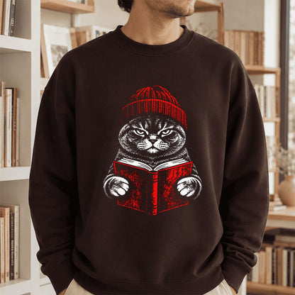 British Shorthair Cat Reading Printed Sweatshirt | Cat Lover Reader Gift Dark Chocolate