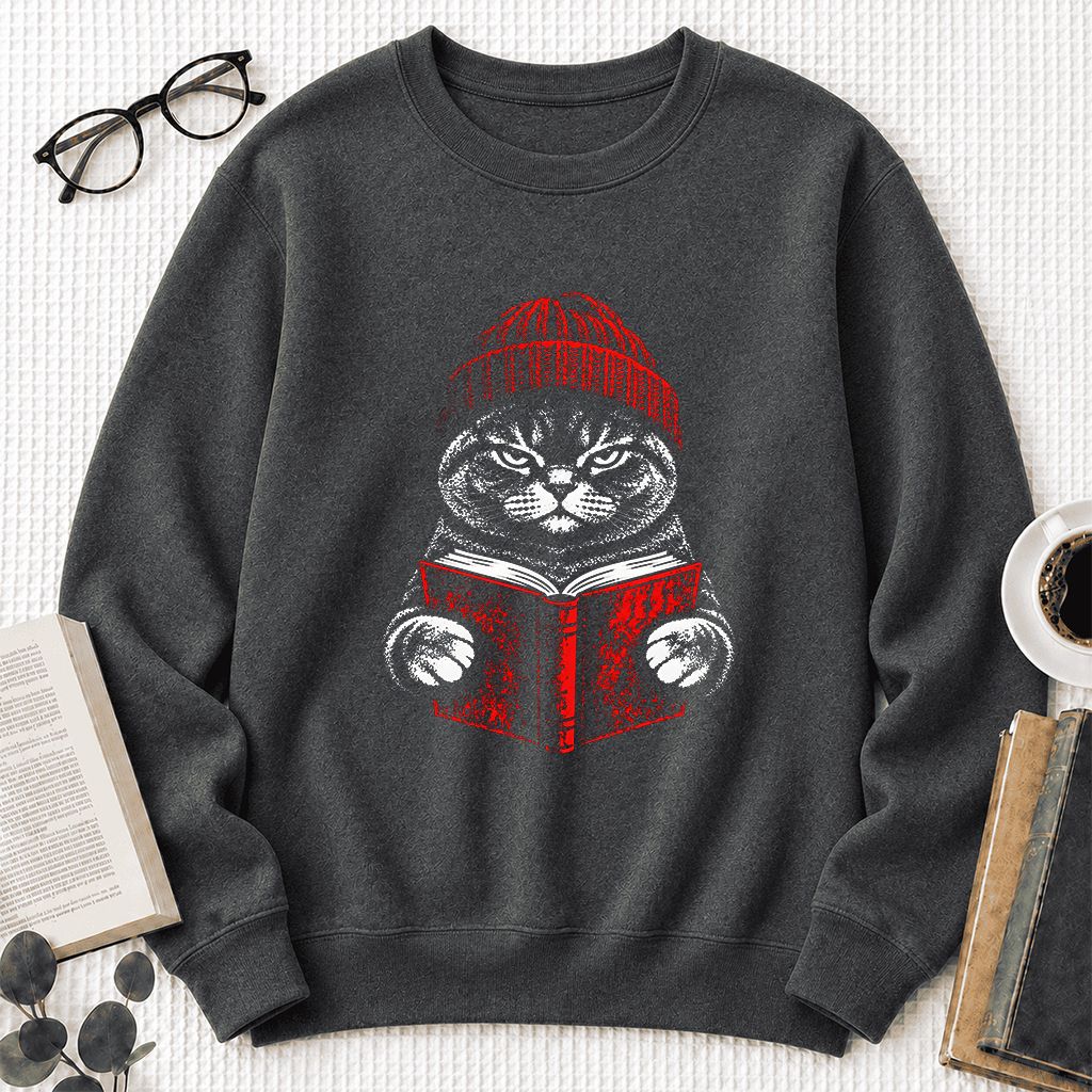 British Shorthair Cat Reading Printed Sweatshirt | Cat Lover Reader Gift Dark Heather