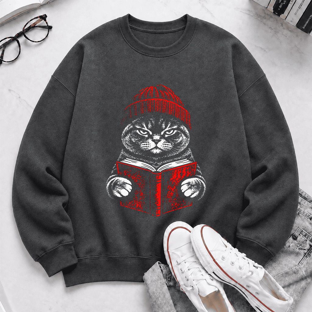 British Shorthair Cat Reading Printed Sweatshirt | Cat Lover Reader Gift Dark Heather