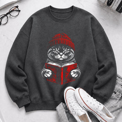 British Shorthair Cat Reading Printed Sweatshirt | Cat Lover Reader Gift Dark Heather