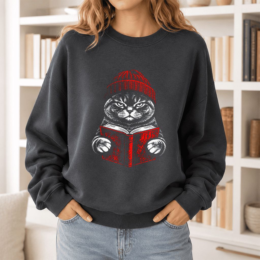 British Shorthair Cat Reading Printed Sweatshirt | Cat Lover Reader Gift Dark Heather