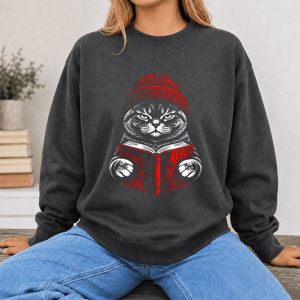 British Shorthair Cat Reading Printed Sweatshirt | Cat Lover Reader Gift Dark Heather