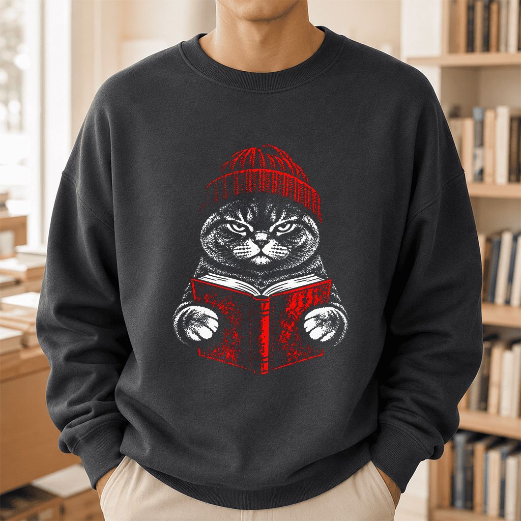 British Shorthair Cat Reading Printed Sweatshirt | Cat Lover Reader Gift Dark Heather