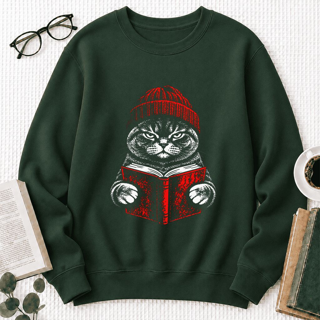 British Shorthair Cat Reading Printed Sweatshirt | Cat Lover Reader Gift Forest Green