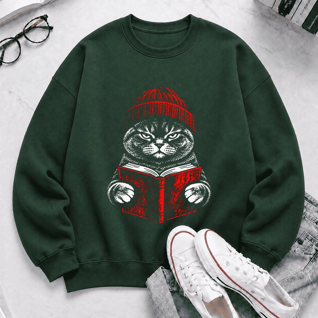 British Shorthair Cat Reading Printed Sweatshirt | Cat Lover Reader Gift Forest Green