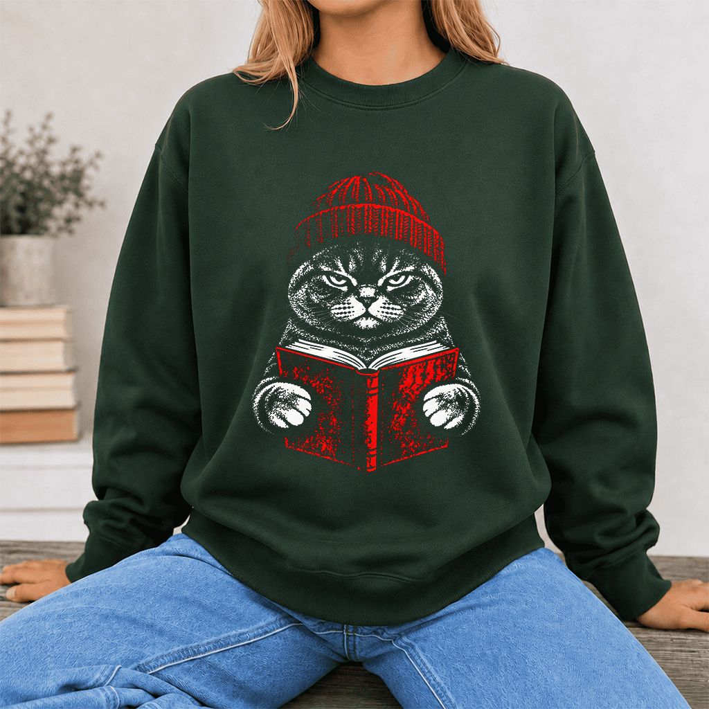 British Shorthair Cat Reading Printed Sweatshirt | Cat Lover Reader Gift Forest Green